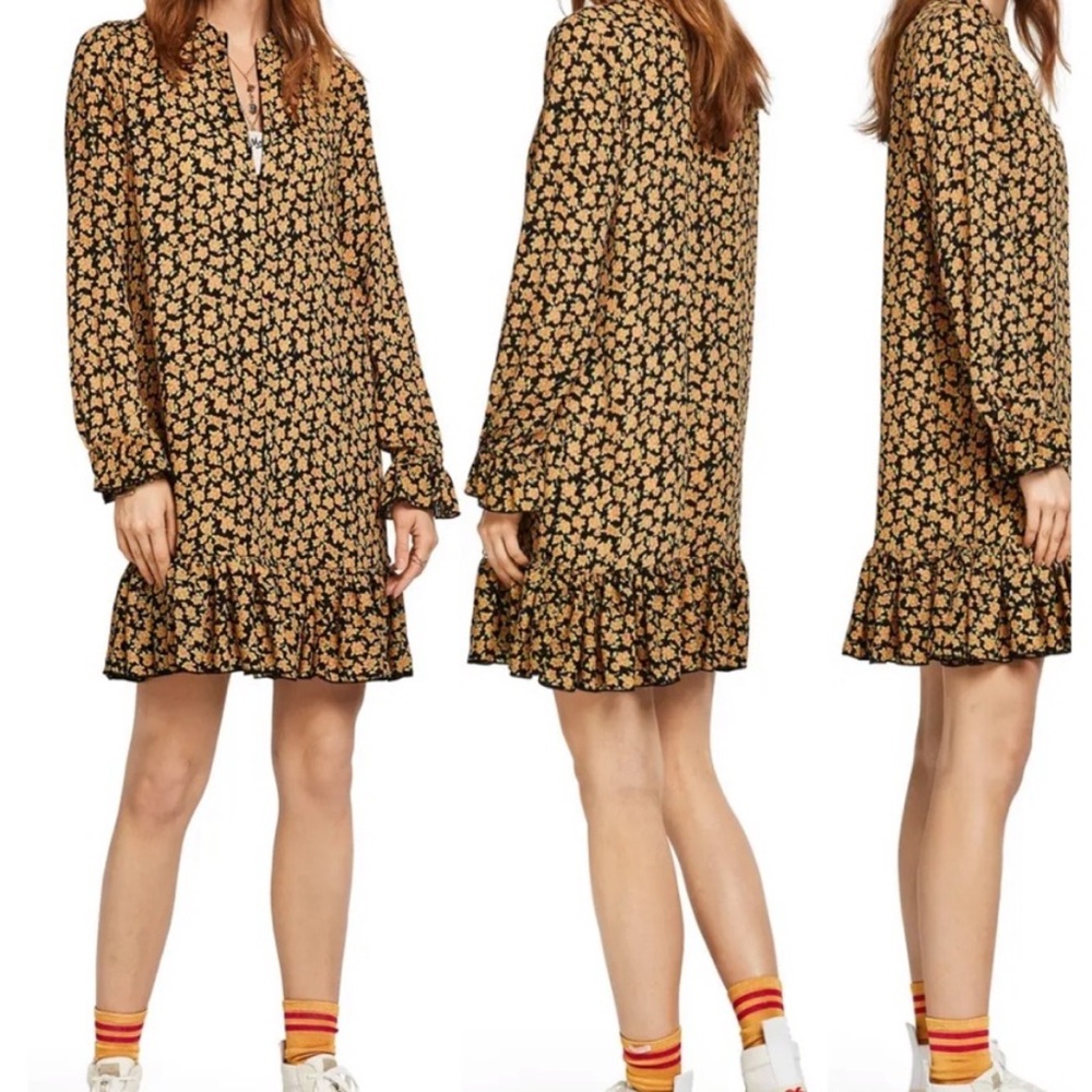 SCOTCH & SODA Maison Scotch Yellow Floral Ruffle Hem Shift Dress